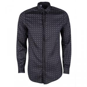 Pre Owned Dolce and Gabbana Gold Black Cotton Diamond Patterned Button Front Shirt L