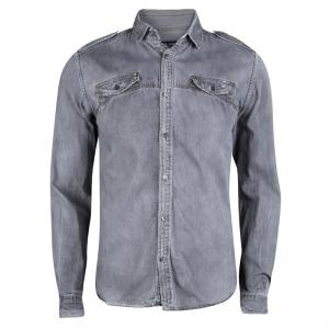Pre Owned Dolce and Gabbana Sicilia Grey Distressed Light Wash Faded Effect Denim Shirt M