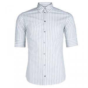 Pre Owned Dolce and Gabbana White Striped Cotton Three Quarter Sleeve Buttondown Shirt M