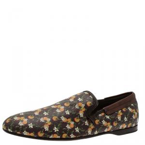 Pre Owned Dolce and Gabbana Brown Leather and Orange Print Canvas Amalfi Slip On Size 44 
