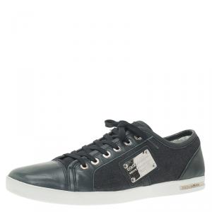 مملوكة مسبقًا Dolce and Gabbana Blue Leather and Denim Logo Plaque Sneakers Size 45