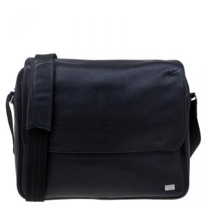 Dunhill Black Pebbled Leather Flap Messenger Bag