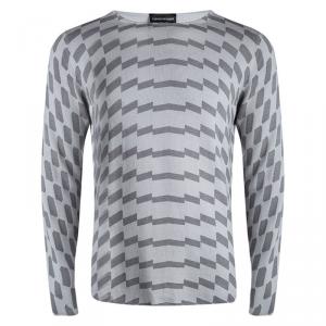 Pre Owned Emporio Armani Grey Wool Geometric Pattern Sweater M