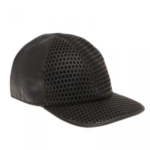 Pre Owned Emporio Armani Black Perforated Leather Baseball Cap L