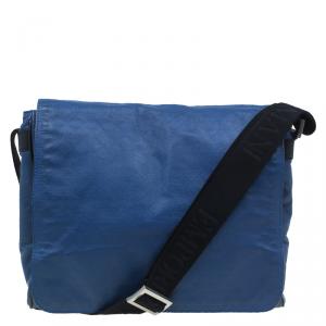 Emporio Armani Blue Leather Logo Print Messenger Bag
