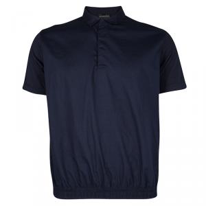 Pre Owned Emporio Armani Navy Blue Cotton Elasticized Bottom Detail Polo T-Shirt XL