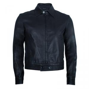 Pre Owned Emporio Armani Men's Black Leather Bomber Jacket M