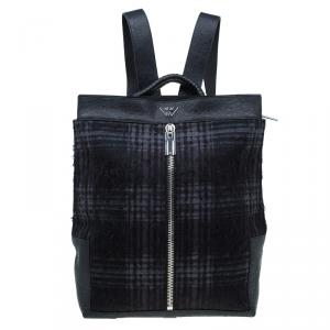 Emporio Armani Black Leather and Calf Hair Check Fash Backpack