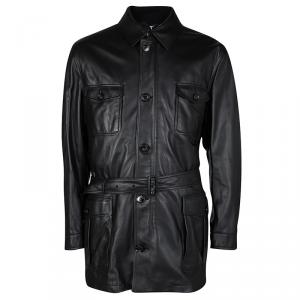 Pre Owned Ermenegildo Zegna Black Lambskin Leather Belted Jacket and Vest Set 6XL