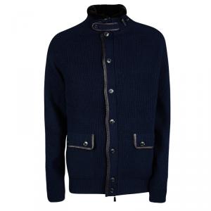 Pre Owned Ermenegildo Zegna Navy Blue Chunky Knit Leather Trim Fur Collar Jacket 4XL