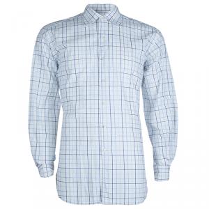 Pre Owned Ermenegildo Zegna White and Blue Checked Long Sleeve Buttondown Cotton Shirt XL