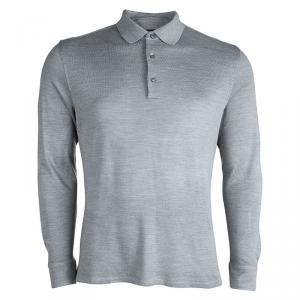 Pre Owned Ermenegildo Zegna Grey Silk Honeycomb Knit Long Sleeve Polo T-Shirt L