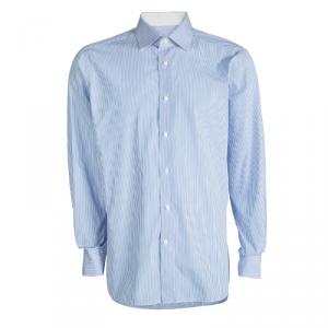 Pre Owned Ermenegildo Zegna Blue and White Striped Cotton Slim Fit Shirt 4XL