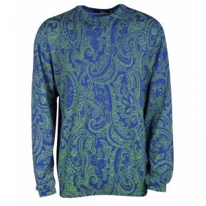 Etro Blue Wool Contrast Print Crew Neck Sweater 2XL