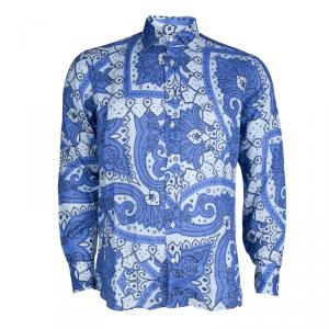 Etro Blue Floral Printed Linen Long Sleeve Button-Down Shirt M