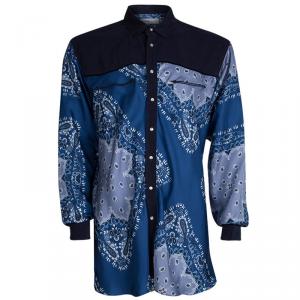 Pre Owned Etro Blue Paisley Printed Silk And Corduroy Panel Button Front Shirt 2XL