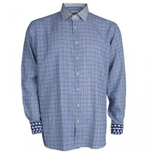 Pre Owned Etro Blue Checked Contrast Collar and Cuff Detail Cotton Shirt L