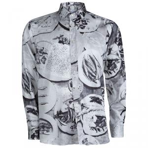 Pre Owned Etro Monochrome Fish Plate Print  Long Sleeve Button Front Cotton Shirt L