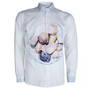 Pre Owned Etro White Shell Print Embroidered Contrast Collar Buttondown Cotton Shirt L