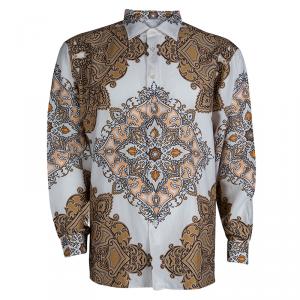 Etro Brown and White Printed Long Sleeve Buttondown Cotton Shirt 2XL