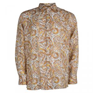 Pre Owned Etro Orange Paisley Printed Linen Long Sleeve Button Front Shirt 2XL