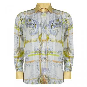 Pre Owned Etro Floral Printed Linen Contrast Collar Button Front Shirt L