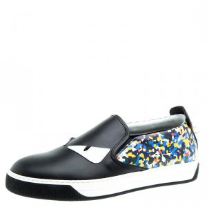 Fendi Black Studded Printed Leather Monster Slip On Sneakers Size 42