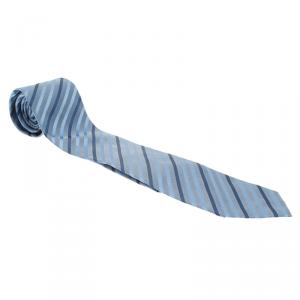 Pre Owned Giorgio Armani Grey and Blue Striped Silk Tie 