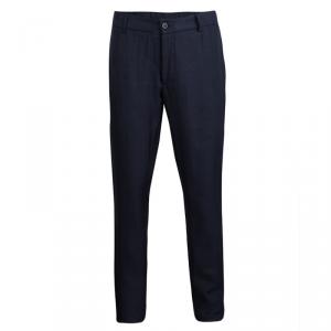 Pre Owned Giorgio Armani Navy Blue Elasticized Waist Linen Trousers XXL