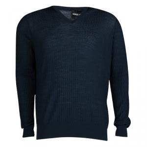 Giorgio Armani Navy Blue Jaquard Knit V-Neck Sweater XL