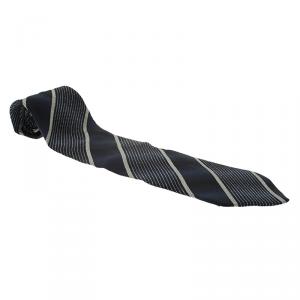 Pre Owned Giorgio Armani Navy Blue and Grey Striped Silk Tie