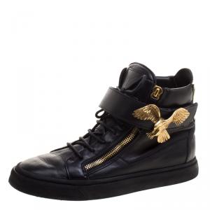 Pre Owned Giuseppe Zanotti Black Leather Eagle High Top Sneakers Size 43