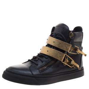 Pre Owned Giuseppe Zanotti Black Leather London Double Buckle High Top Sneakers Size 39