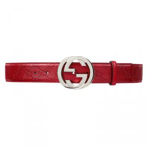 Pre Owned Gucci Red Guccissima Leather Interlocking GG Buckle Belt 90CM