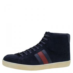 Gucci Navy Blue Suede Web Detail High Top Sneakers Size 43.5