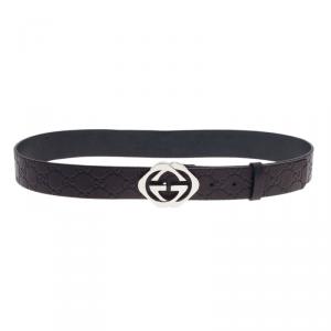 Pre Owned Gucci Black Guccissima Leather Square Interlocking G Buckle Belt 90CM