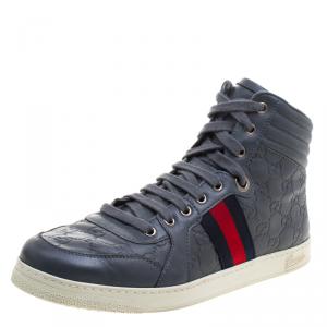 Gucci Grey Guccissima Leather Web Detail High Top Sneakers Size 43