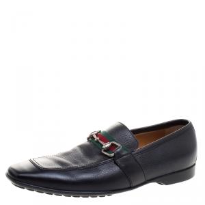 Gucci Black Leather Square Horsebit Web Detail Loafers Size 41.5