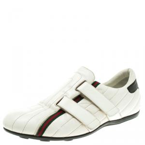 Gucci White Leather Web Detail Slip On Velcro Sneakers Size 42.5
