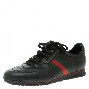 Gucci Black Guccissima Leather Web Detail Lace Up Sneakers Size 41