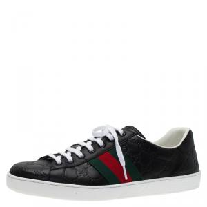 Gucci Black Guccissima Leather Web Detail Ace Sneakers Size 45.5