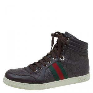 Gucci Brown Guccissima Leather Web Detail High Top Sneakers Size 43