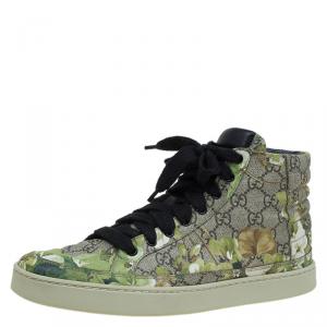 Gucci Beige and Green Blooms Printed GG Canvas High Top Sneakers Size 43