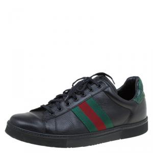 Gucci Black Leather Croc Trim Web Detail Ace Sneakers Size 43.5