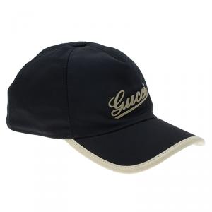 Pre Owned Gucci Navy Blue Nylon and Leather Logo Baseball Cap Size M