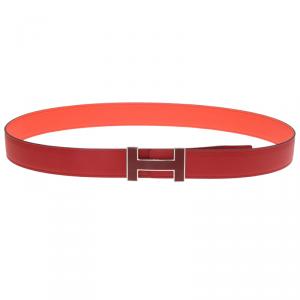 Pre Owned Hermes Red Leather H Logo Constance Reversible Belt 80 CM 