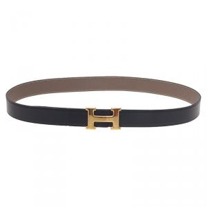 Pre Owned Hermes Black/Grey Leather Reversible H Buckle Belt 95 CM