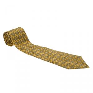 Pre Owned Hermes Yellow and Grey Printed Silk Tie