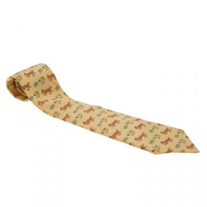 Pre Owned Hermes Yellow Fox and Chicken Print Silk Tie