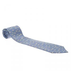 Pre Owned Hermes Light Blue Clouds and Birds Print Silk Tie